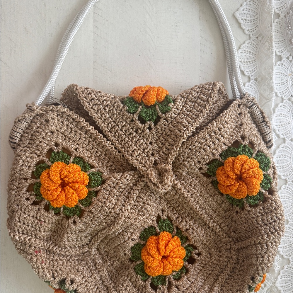 VINTAGE - Handcrafted Floral Crochet Bag - Tan and Orange